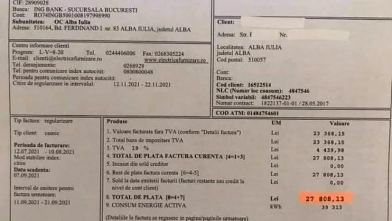 Factură la energie electrică de peste 27.000 de lei, primită de o familie din Alba Iulia
