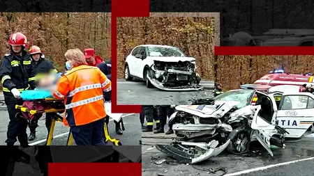 VIDEO - Mașină de poliție, implicată într-un accident pe DN 6 în Mehedinți / Autospeciala era în misiune și circula pe contrasens / Două persoane au ajuns la spital
