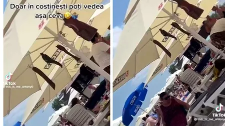 Imagini incredibile pe plajă la Costinești! A venit cu șunca afumată și a atârnat-o de umbrelă. 