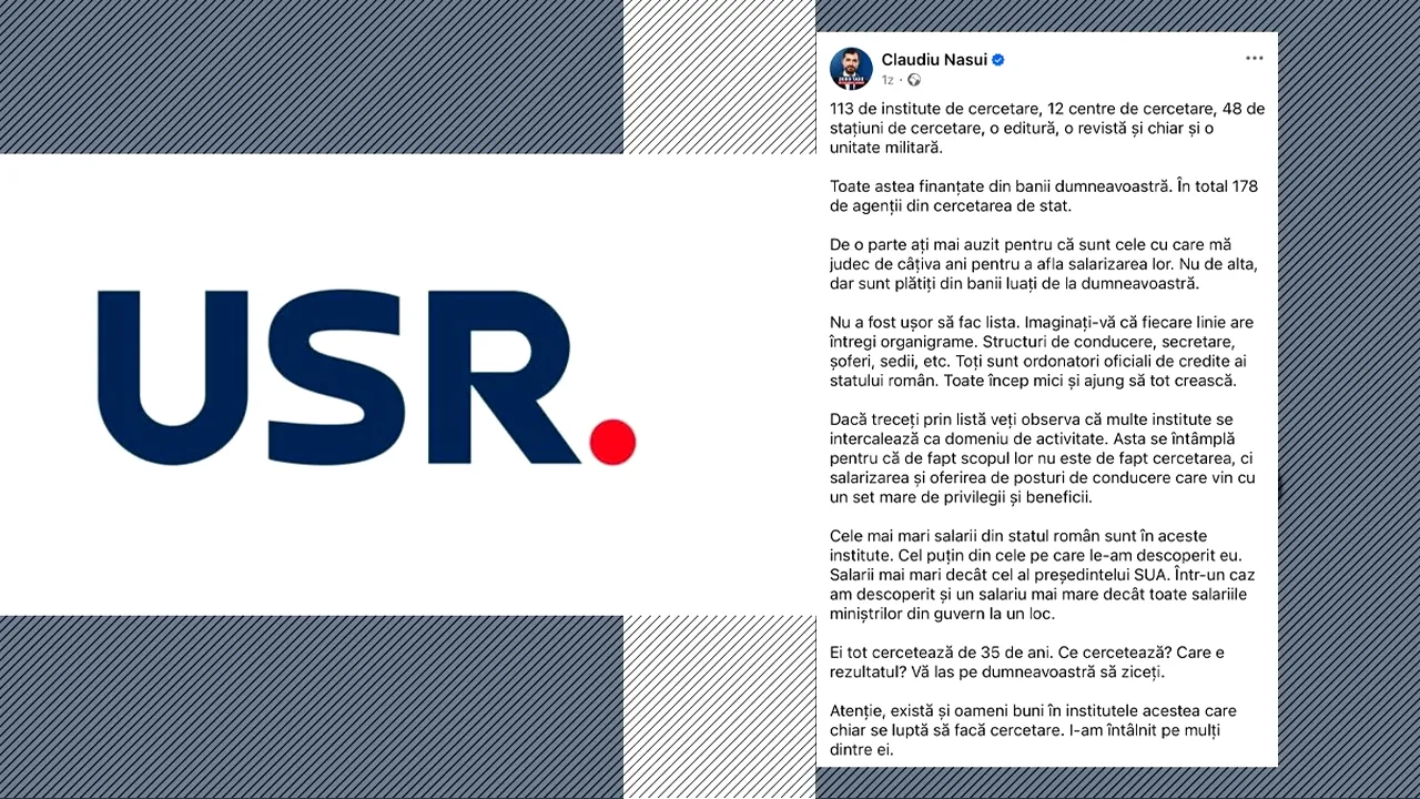USR se delimitează parțial de postarea lui Claudiu Năsui: „Cercetarea merită respect – bani pentru performanță, nu pentru sinecuri”