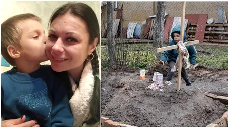 Un băiețel din Bucha aduce conserve și suc la mormântul mamei sale. Femeia a murit în fața soțului și a celor trei copii ai lor, în subsolul blocului în care locuiau