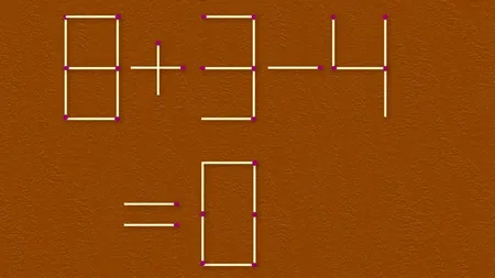 Exercițiu de gândire | Mutați un singur băț pentru a transforma 8+3-4=0 într-o egalitate corectă!