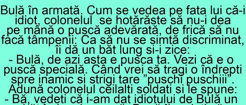 BANC | Bulă este în armată. Neavând încredere în el, colonelul îi dă un băț, nu o pușcă adevărată