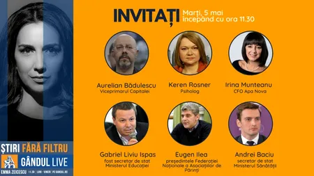 GÂNDUL LIVE. Psihologul Keren Rosner și viceprimarul Capitalei, Aurelian Bădulescu, printre invitații Emmei Zeicescu, pe 5 mai, de la ora 11.30