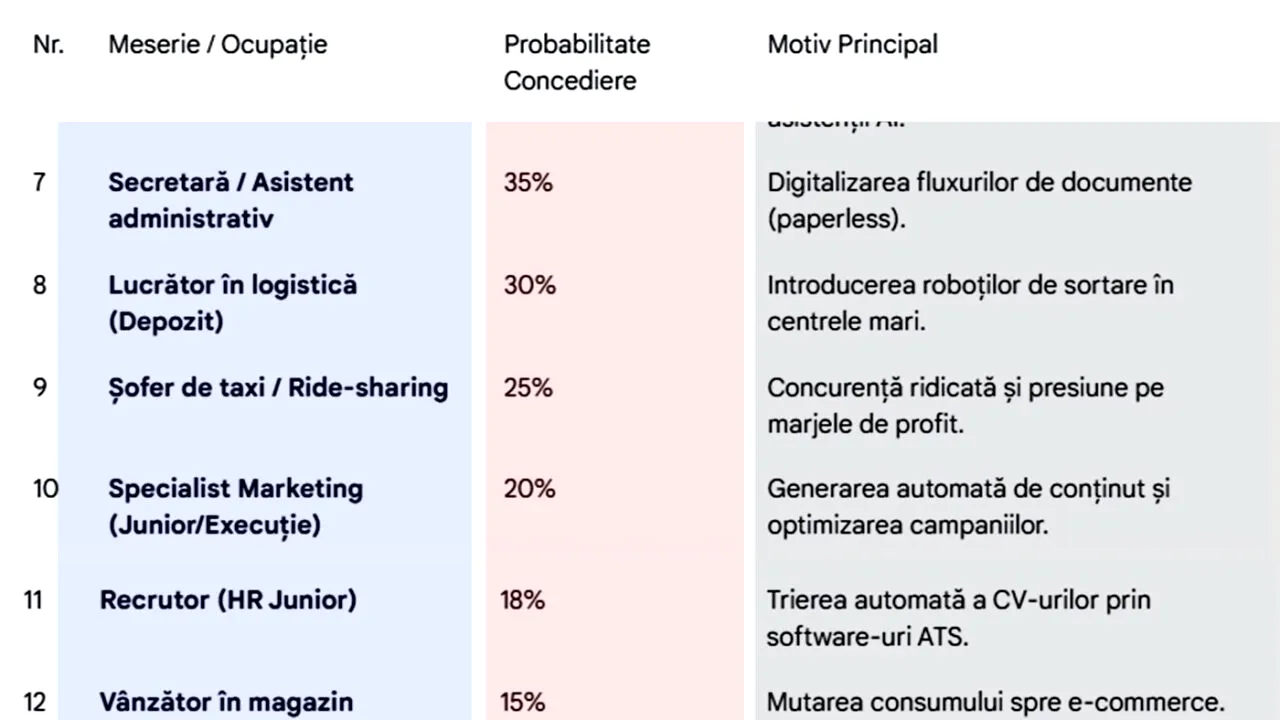 TABEL | Ce probabilitate există să fii concediat în 2026, în funcție de meseria ta. Job-ul din România cu 85% șanse de concediere