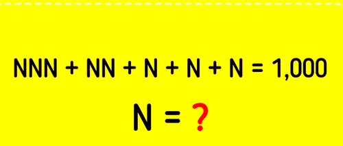 Test de inteligență | Rezolvați ecuația NNN+NN+N+N+N=1000. Ce cifră este N, de fapt?