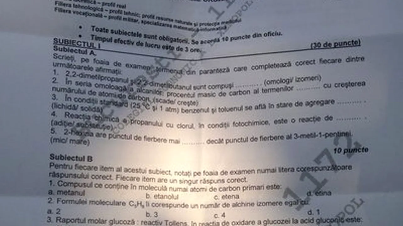 BAC 2012 SESIUNEA TOAMNĂ. SUBIECTE CHIMIE, sesiunea august-septembrie 2011