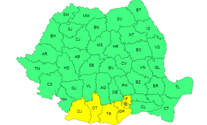 Cod galben de caniculă în judeţele Dolj, Olt, Teleorman, Giurgiu, Ilfov şi în municipiul Bucureşti