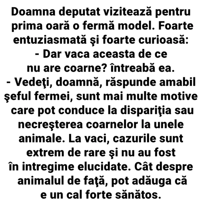 Bancul de vineri | Doamna deputat vizitează pentru prima oară o fermă: 