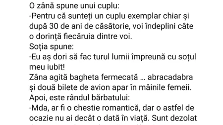 Bancul de sâmbătă | O zână spune unui cuplu: „Vă voi îndeplini câte o dorință fiecăruia”