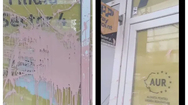 Al doilea sediu AUR vandalizat în mai puțin de o lună. S-a aruncat cu o găleată de vopsea pe pereți și pe geamuri