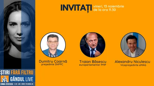 Europarlamentarul PMP Traian Băsescu se află printre invitații Emmei Zeicescu la ediția Gândul LIVE de vineri, 13 noiembrie 2020, de la ora 11.30