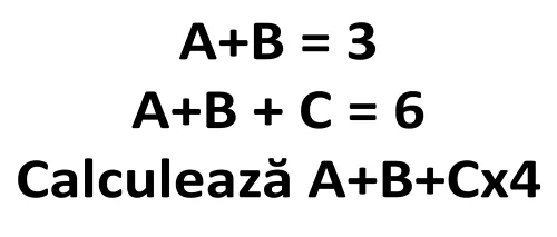 Test de inteligență | A+A = 2, A+B = 3, A+B + C = 6. Calculează A+B+Cx4