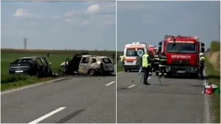 Tragedie în Timiș. O femeie a murit, după ce mașina în care se afla a explodat, în urma unui accident