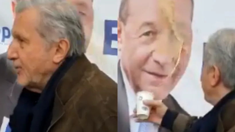 Explicația bizară oferită de Ilie Năstase după ce a fost filmat aruncând cu cafea pe un poster al lui Traian Băsescu: De asta am făcut, altfel nu am nimic cu dânsul