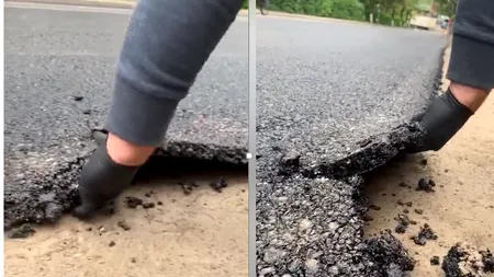 Lucrare în bătaie de joc la Vatra Dornei. Asfaltul pe care se circulă deja se poate îndepărta cu mâinile goale - VIDEO