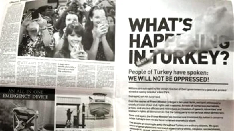 Protestatarii din Turcia au cumpărat o pagină de spațiu publicitar în ziarul The New York Times