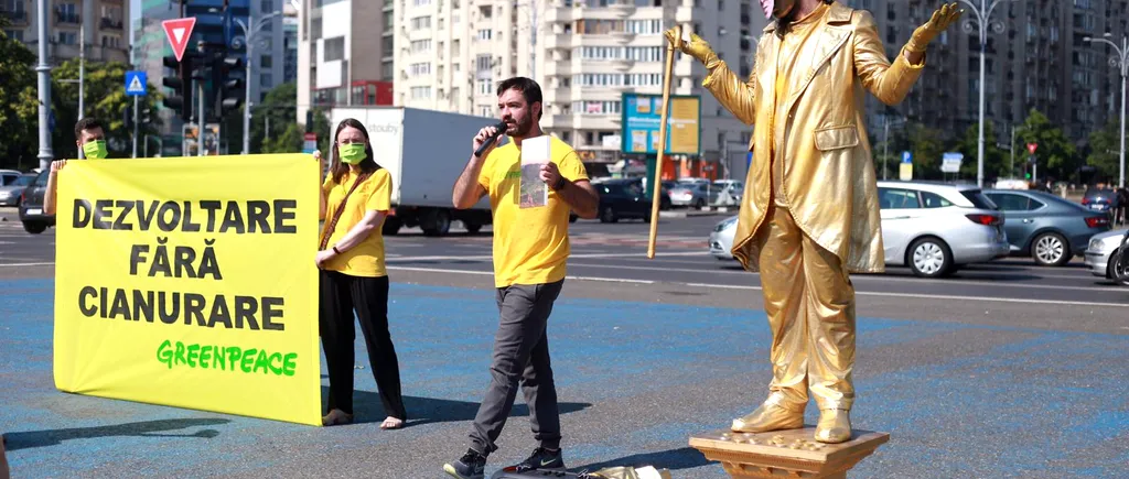 Protest în Piața Victoriei după declarațiile premierului despre Roșia Montană. Greenpeace: „Florin Cîțu devine cel mai nou susținător al exploatării cu cianuri în Apuseni”. Reacția Guvernului | FOTO, VIDEO