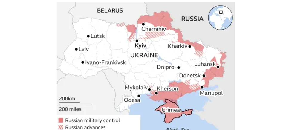 HARTĂ. Cât de mult a avansat Rusia pe teritoriul Ucrainei, în 18 zile de lupte sângeroase