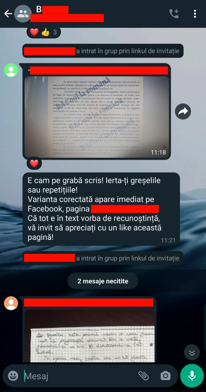 Rezolvarea subiectelor la Limba română de la BAC 2023, primită de elevi în timp real pe un grup de WhatsApp / Sursa foto: Antena 3