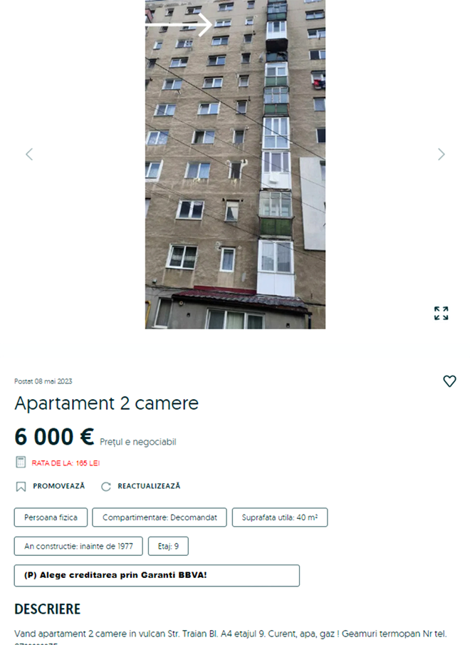 Orașul din România în are un apartament cu două camere costă doar 6.000 de euro / Sursa foto: OLX