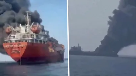 Imagini cu un petrolier în flăcări după ce a fost lovit de o dronă. Doi marinari indieni sunt dați dispăruți