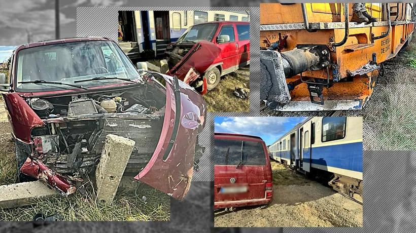 Microbuz LOVIT de tren, în județul Suceava. Pompierii au acționat cu o autospecială pentru descarcerare și o ambulanță SMURD