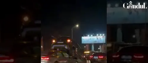 Accident spectaculos pe DN1, la ieșirea din București. Un autoturism a rămas suspendat, după ce o mașină l-a lovit din spate (VIDEO)