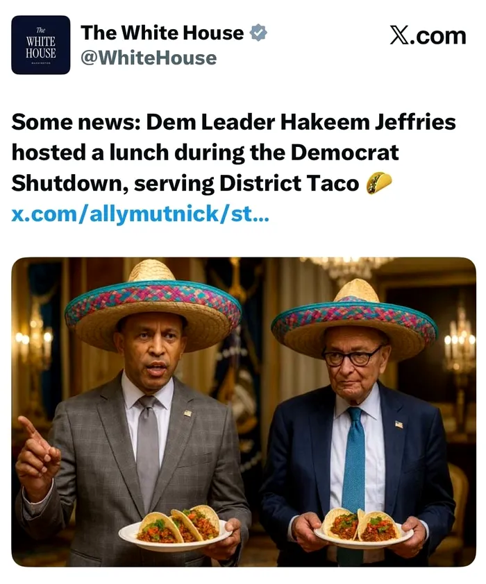 Casa Albă îi satirizează pe liderii democrați, Hakeem Jeffries și Chuck Schumer, reprezentați cu pălărie sombrero, mâncând tacos Foto: X