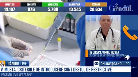 REMDESIVIR. Dr. Virgil Musta, la Gândul Live: „Pacientul care a fost introdus pe terapie evoluează bine”