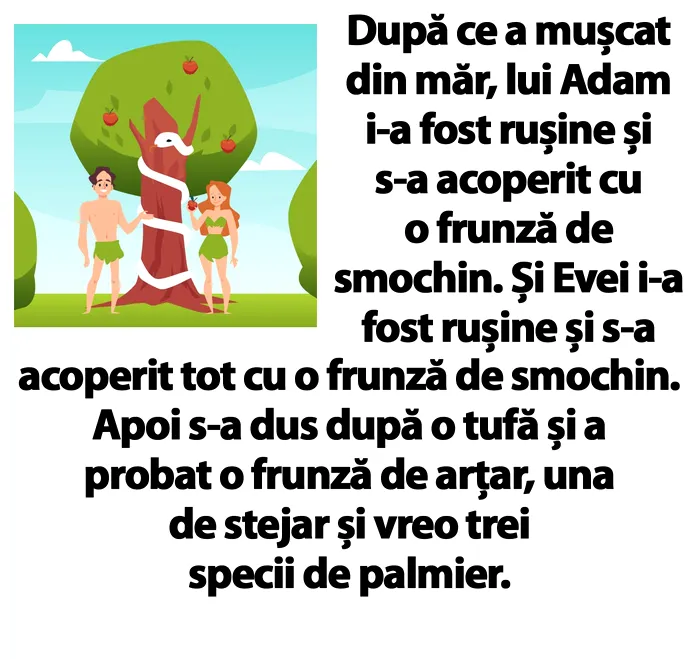 Bancul de duminică | Ce au făcut Adam și Eva după ce au mușcat din măr