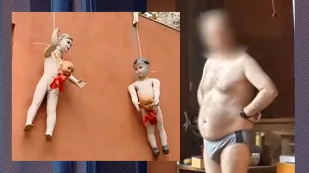 Imagini șocante. Un exhibiționist iresponsabil terorizează o școală din București. Manechine de copii spânzurate pe balcon 