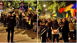 A 12-a noapte de proteste în fața Arestului Central, pentru susținerea lui Călin Georgescu. Mulțimea de oameni scandează intens și flutură tricolorul