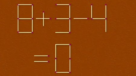 Test IQ. Mutați un băț de chibrit pentru a corecta egalitatea 8+3-4=0