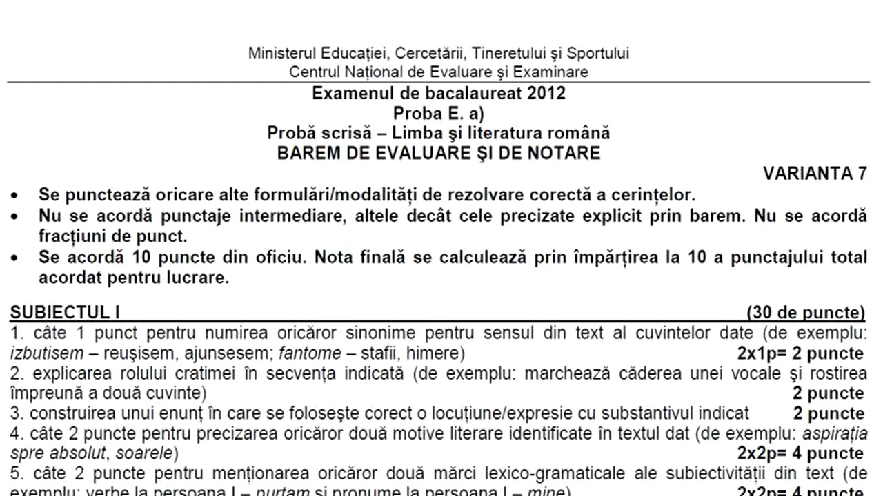BAC 2012. Baremul la LIMBA ȘI LITERATURA ROMÂNĂ - proba scrisă, sesiunea specială pentru olimpici