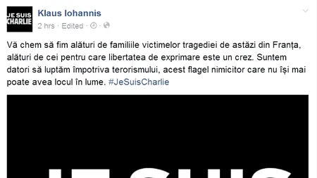 JE SUIS CHARLIE - Președintele Klaus Iohannis și-a schimbat fotografia de profil de pe Facebook 