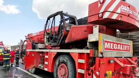 FOTO | Șoferul unei automacarale, accidentat mortal în timp ce stingea incendiul izbucnit în cabina utilajului