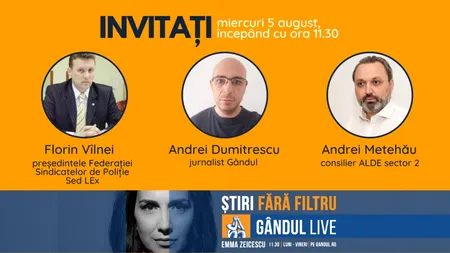 Florin Vîlnei, președintele Federației Sindicatelor de Poliție Sed LEx, se află printre invitații Emmei Zeicescu la ediția Gândul LIVE de miercuri, 5 august, de la ora 11.30