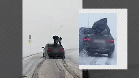 VIDEO | Premieră! Un tânăr cascador practică snowboard cu mașina pe un deal din Vaslui. Poliția apreciază performanța și o premiază cu o amendă