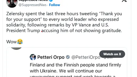 Zelenski a transmis ore în șir MESAJE de mulțumire către liderii mondiali, după ce a fost acuzat de Trump că nu este 