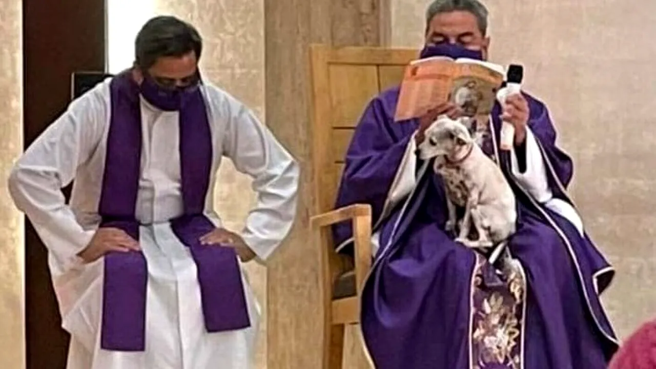 Un preot din Mexic a oficiat slujba cu câinele în brațe: „Îmi pare rău, dar cățelușul meu este foarte bolnav și dacă îl las acasă se întristează”