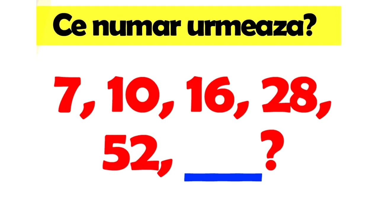 TEST IQ doar pentru genii | Ce număr completează seria: 7,10,16,28,52?