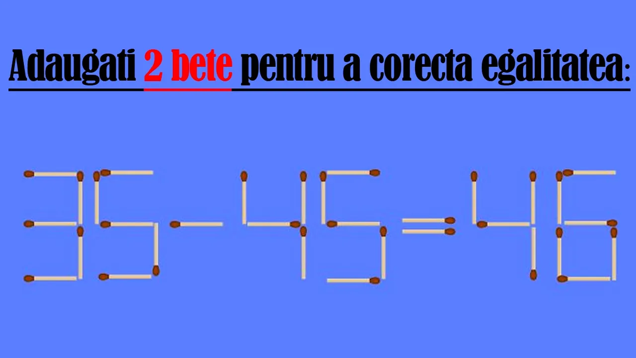 Test IQ de 1 Mai | Adăugați 2 bețe de chibrit, pentru a corecta egalitatea: 35-45=46