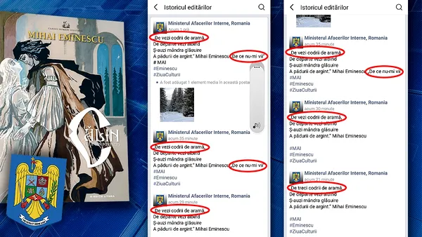 De ziua lui Eminescu, oamenii legii au greşit titlul şi versurile poeziei postate. Ulterior, au postat un mesaj de scuze