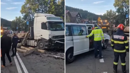 Accident între o autoutilitară și un TIR încărcat cu traverse de cale ferată în stațiunea Predeal. Drumul Național 1 a fost blocat pe ambele sensuri