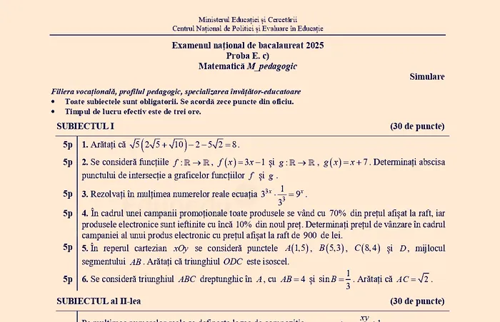 Subiecte Matematică, simulare BAC 2025