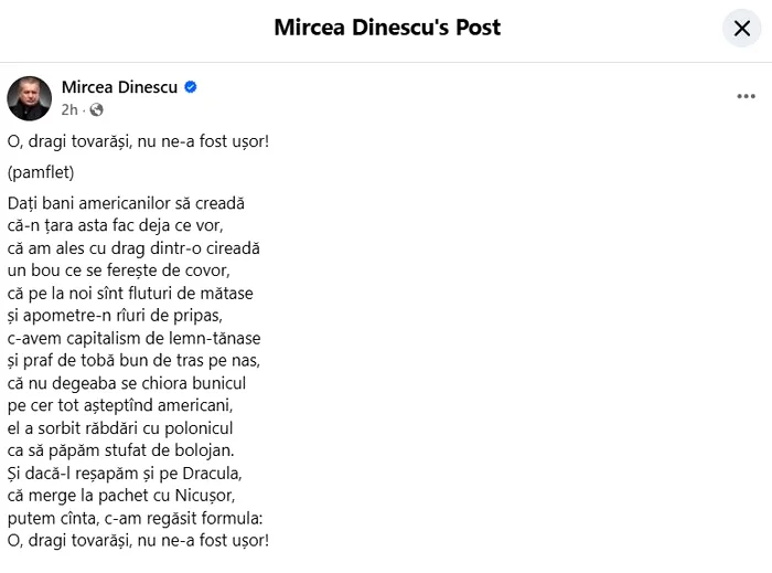 Postarea scriitorului pe platforma Facebook