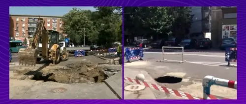 Crater IMENS în mijlocul unei străzi din Galați, după ce carosabilul s-a surpat. O mașină a căzut în groapa formată