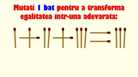 Test de inteligență | Mutați un singur chibrit pentru a transforma egalitatea din imagine într-una adevărată!