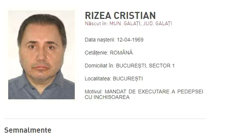 Fotografia lui Cristian Rizea, pe site-ul Poliției Române la „Urmăriri